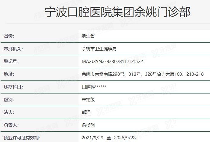 宁波口腔医院余姚门诊部卫建委资质
